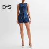 Damen Weste Shorts Ärmellos Einreihig Geteilter Saum Rundhalsausschnitt Knöpfe Slim Fit Hohe Taille Einfarbig Kurze Hose