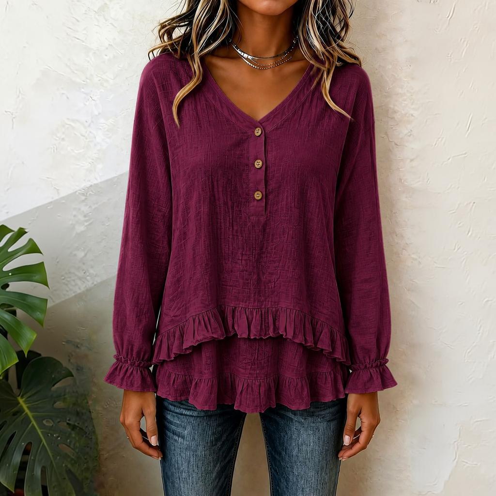 Damen Langarm Rüschen V-Ausschnitt Bluse mit Asymmetrischem