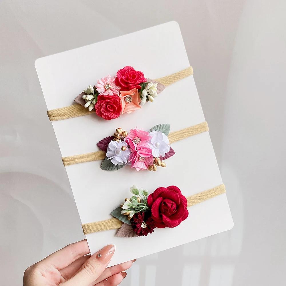 3/4Pcs Artificial Flower Headband for Kids Baby Girls Hair Band Set Floral Newborn Toddler Elastic Nylon Headwear Accessories