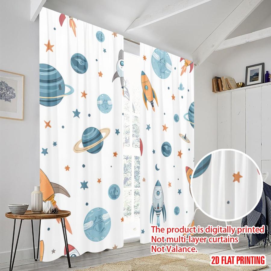 2PCS Digital Printed Curtains, Rocket Astronaut Space Sci-Fi Futuristic, Modern Home Decor Style for Living Room Bedroom Decor