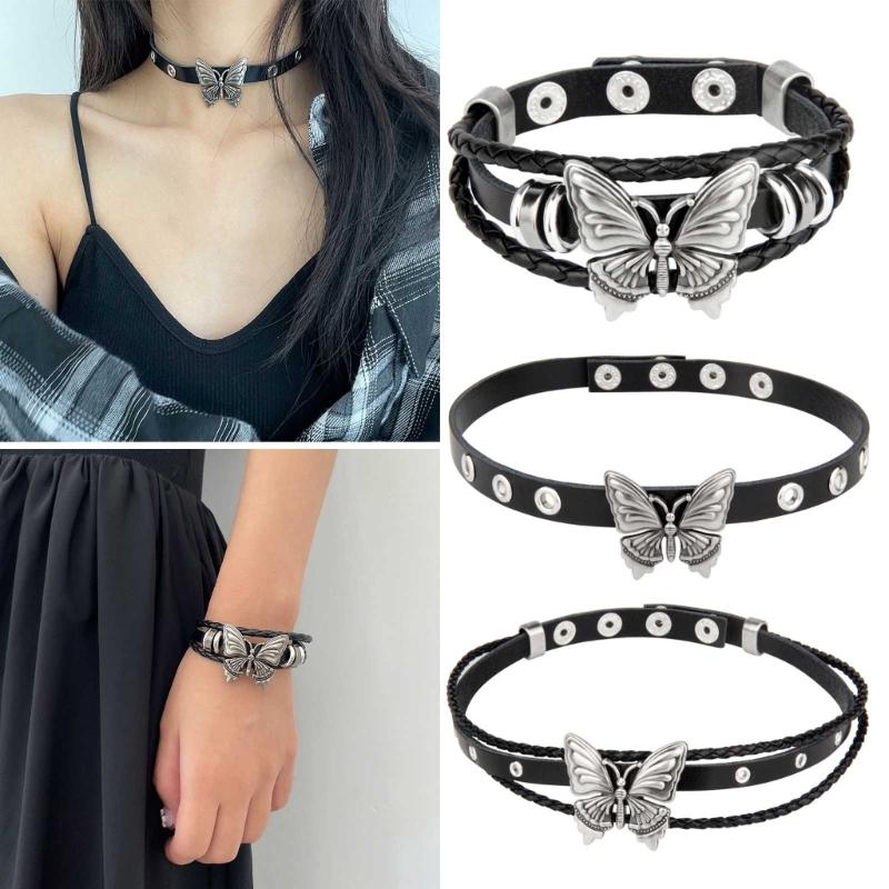 Women Men Cool Punk Choker Necklaces Bracelet Gothic Butterfly Pendant Biker Choker PU Leather Collar Sexy Jewelry Gift