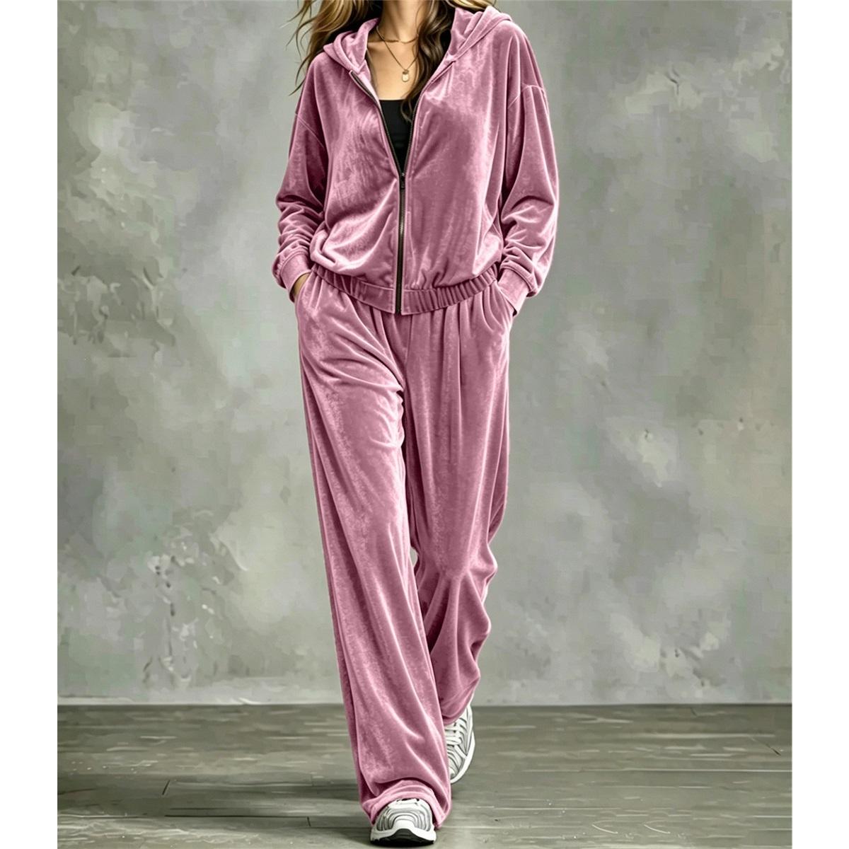Damen Samt 2-teiliges Trainingsanzug Set Reißverschluss Kapuze Kordelzug Weiter Bein Hosen Lässig Locker Zwei-Teiler Outfit Set XXXL rosa