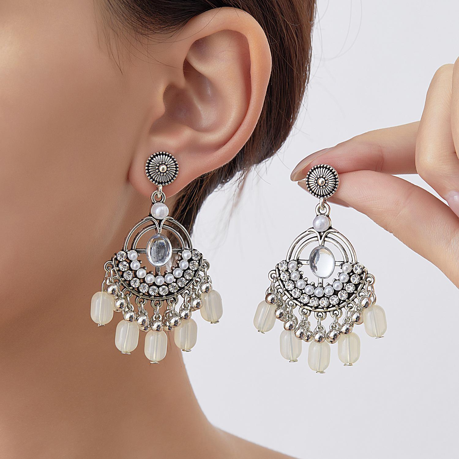 Bohemian Retro Colorful Beaded Tassel Earrings: Ethnic French Style, Handmade Fan-shaped Studs