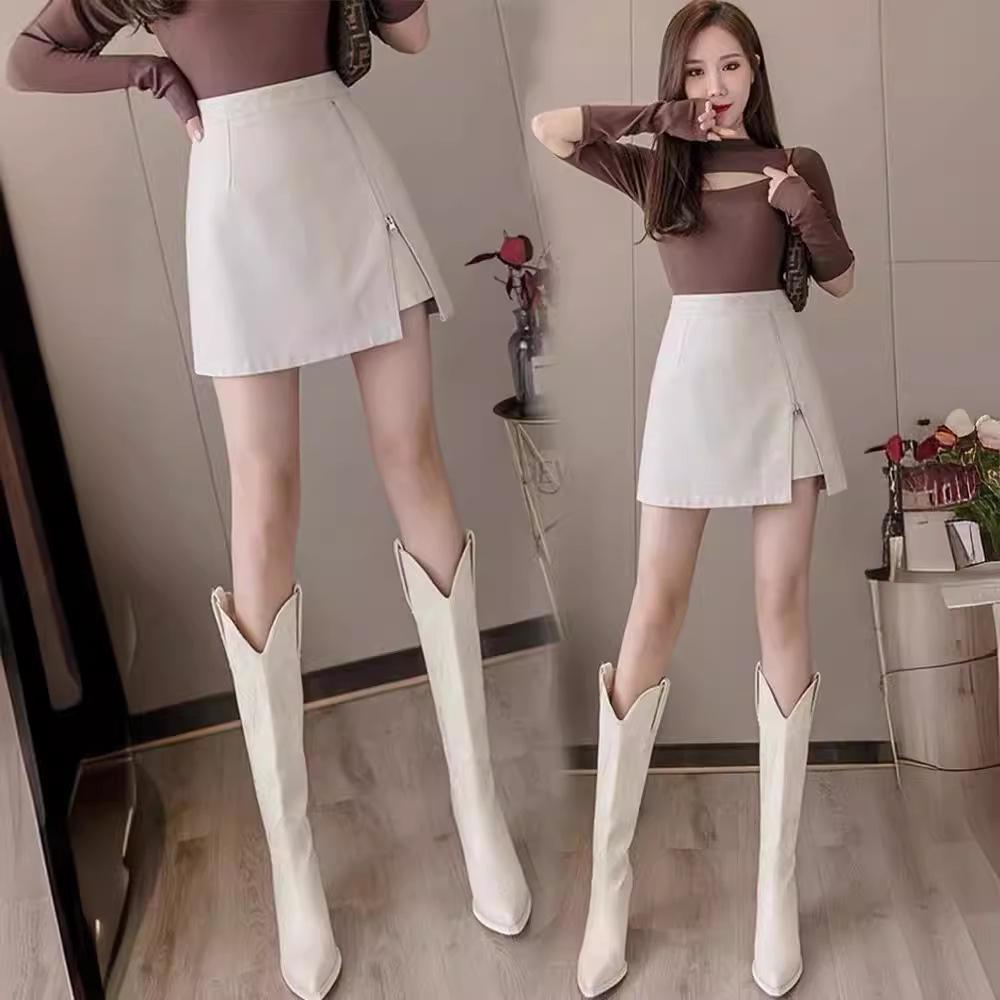 

Apricot A-Line PU Leather Mini Skirt for Women - High Waist, Bodycon with Slit, 2025 Autumn & Winter Collection. M абрикосовий