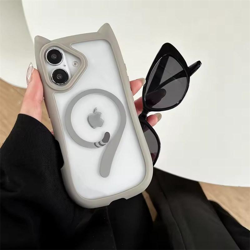 3D Cat Ear Magnetic Charging Case for IPhone 17 16 15 14 13 12 11 Pro Max 16 Plus 12 13 Mini 17Air Transparent PC TPU Armor Cover