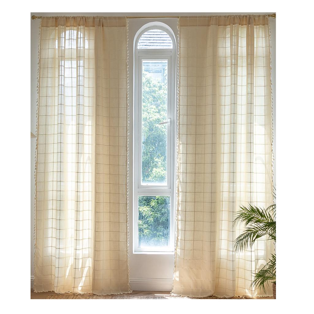 Curtains Japanese Log Wind Lattice Fringed Bedroom Living Room Semi-Blackout Bay Window Thickened Curtain Finished Product
