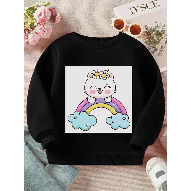 Long Sleeve Crewneck Sweatshirt Featuring a "Kawaii Cat on a Rainbow" Print for Girls And Boys - a Soft
