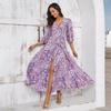 Summer Floral Print Women Dress V-Neck Casual A-Line High Waist Short Bubble Sleeve Straps Ankle-Length Slit Spring Dresses