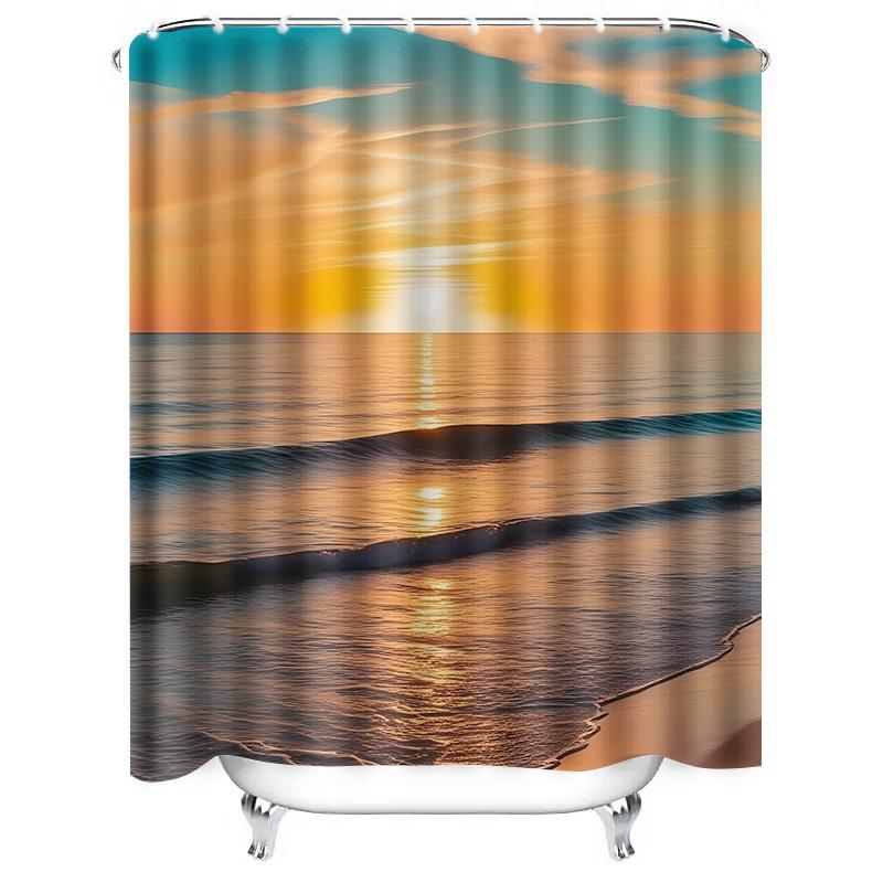 

Beach Sunset Shower Curtain Ocean Waves Golden Glow Bath Decor Serene Sea Vibrant Sky Waterproof Durable Complimentary Hook W60H190(CM)-1 Pcs