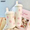 Kawaii Strawberry Thermos Bottle Stainless Steel Vacuum Insulated Straw Cup Cute Girls Outdoor Ice Coffee Drinking Water Cup