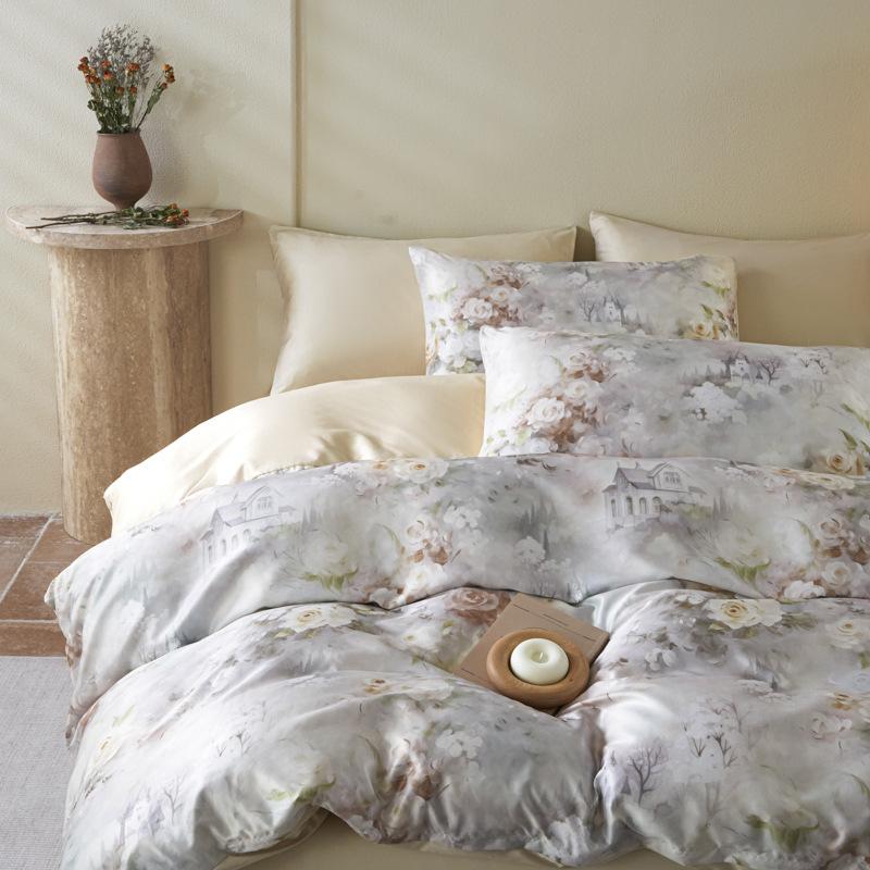 Cold Silk Cool Bedding Set Four-piece Set Oil Painting Style Skin-friendly Breathable Comfortable Bed Sheet Quilt Cover Pillowcase