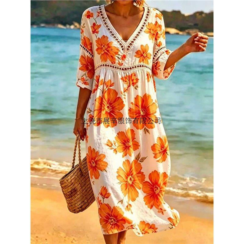 New seaside vacation style v-neck bohemian 3d printed loose dress vacation casual dress S