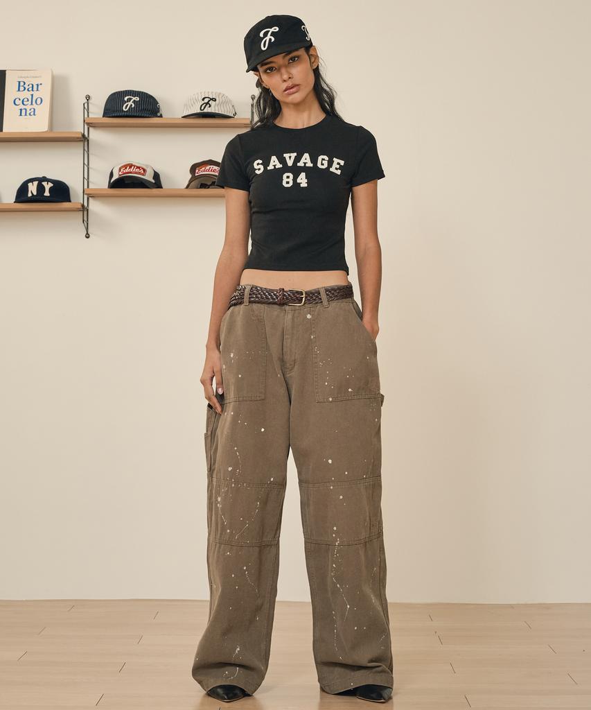 TAKEASY Damaged Painted Carpenter Pants (Deep Olive)