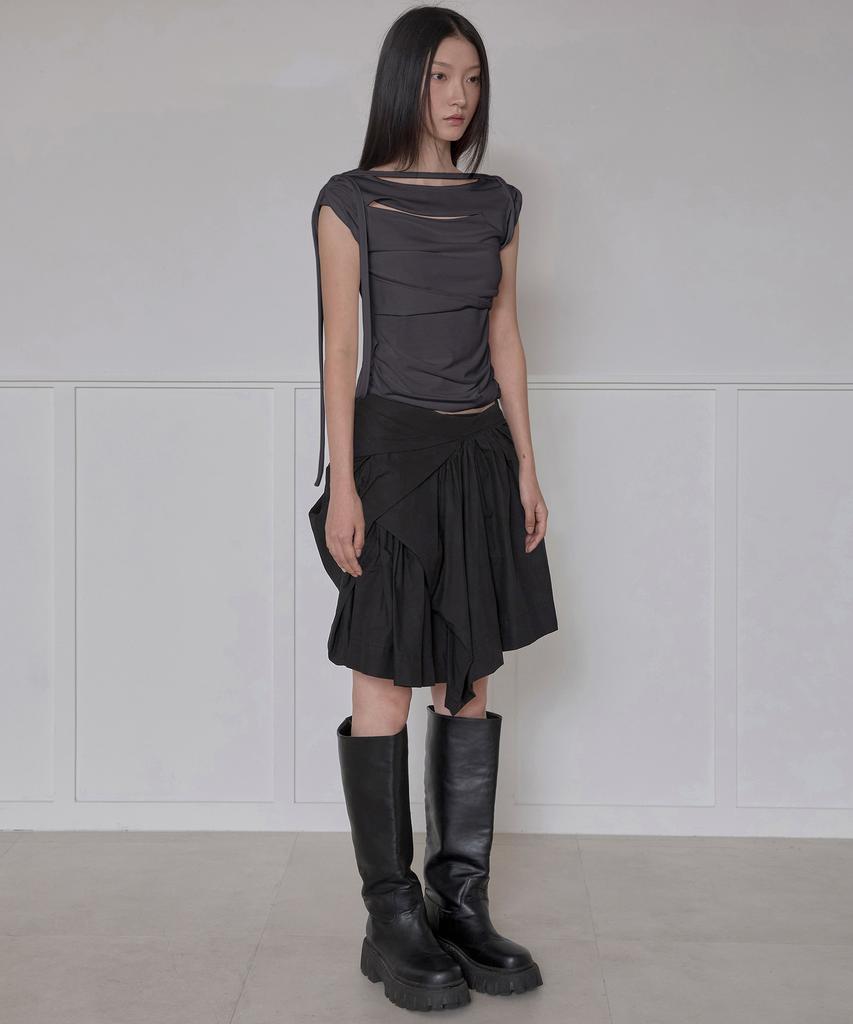Peulleeoeob Asymmetrical Draped Strap Roll-Up T-Shirt (Fl-170_Charcoal)