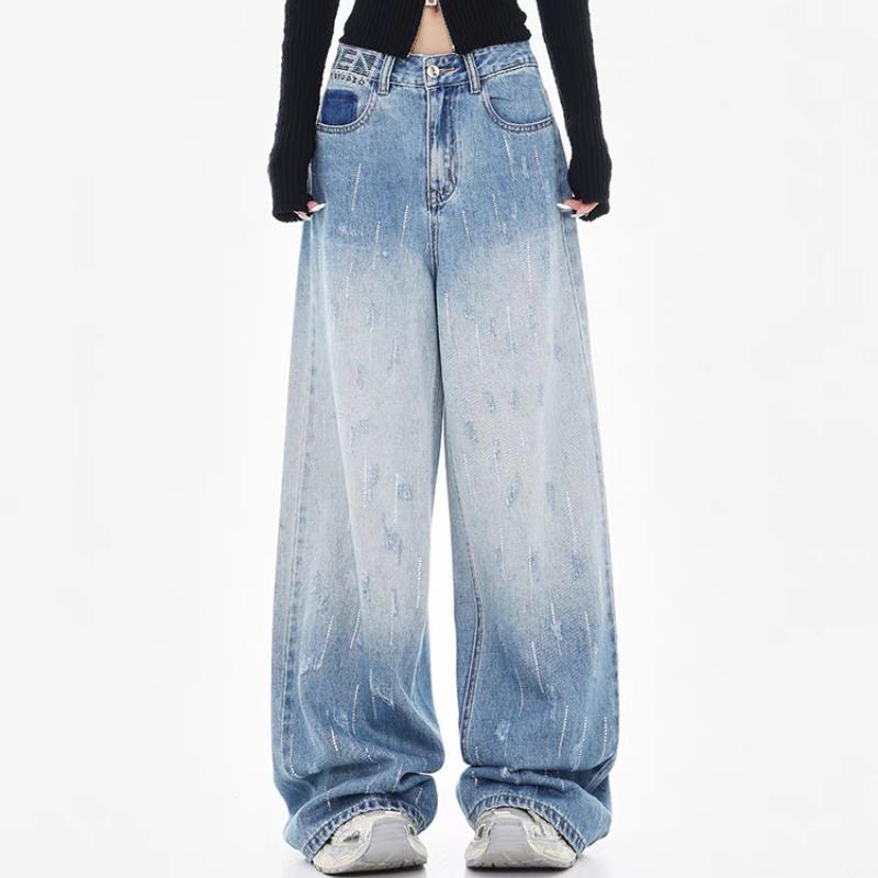 GMXIA Weitbeinige Jeans Damen Locker Hochtailliert Fallend Hundert Schleppende Hosen Taschen High Street Trend Gerade Hosen