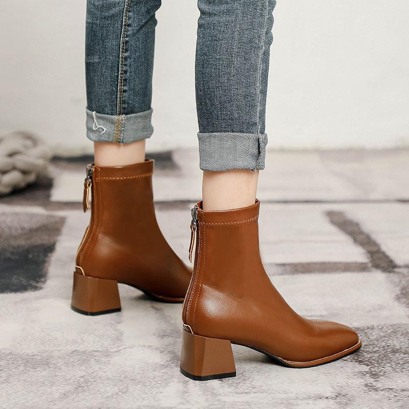 Short Boots Women's High Heel Thick Heel New Boots Soft Leather White French Square Head Autumn and Winter Velvet Medium Tube Thin Boots