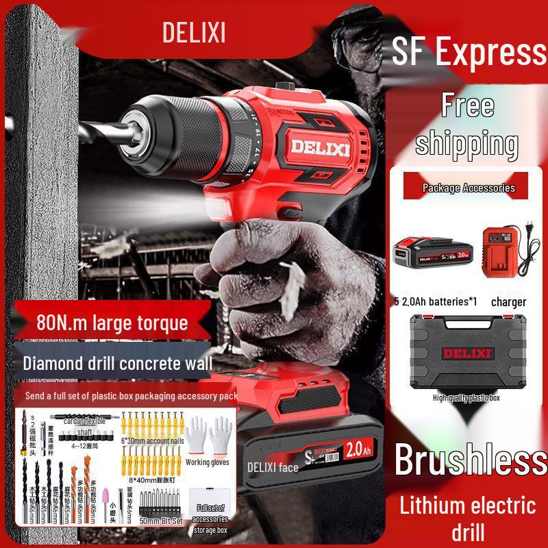 Delixi Brushless Lithium Electric Hand Drill - Pistol Grip for Household Wall Drilling and Impact Holes