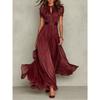Vintage Vollspitze A-Linie Langes Kleid Damen O-Ausschnitt Hohe Taille Falten Partykleid Sommer Kurzarm Fließende Maxikleider
