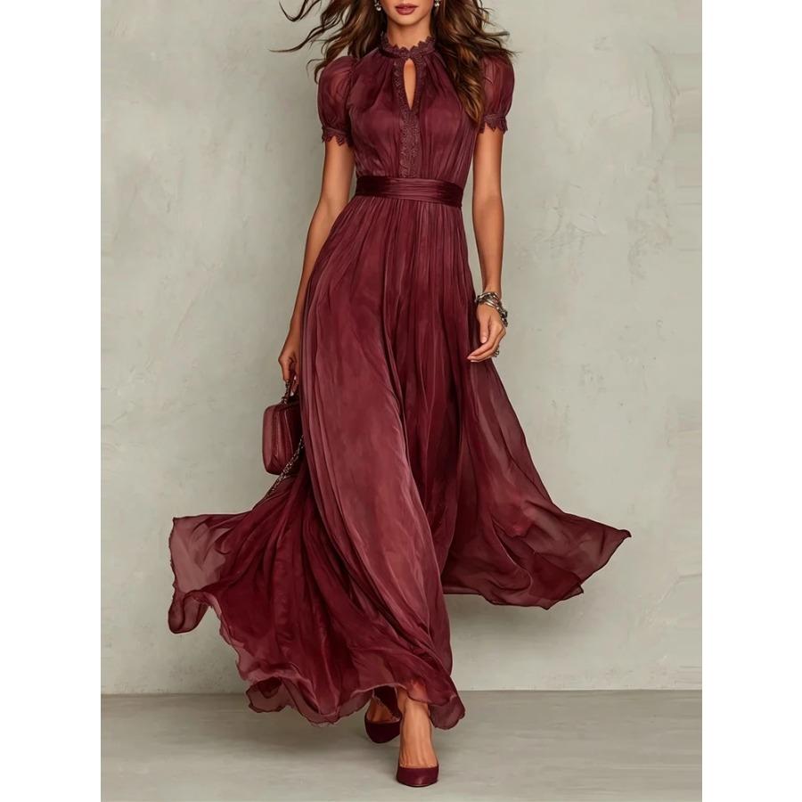 Vintage Vollspitze A-Linie Langes Kleid Damen O-Ausschnitt Hohe Taille Falten Partykleid Sommer Kurzarm Fließende Maxikleider