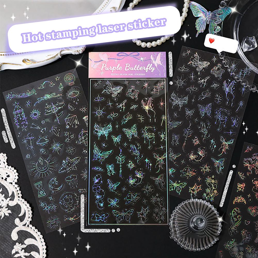 Retro laser stickers, creative hot silver colorful stickers, DIY account decoration materials, butterfly flower stickers