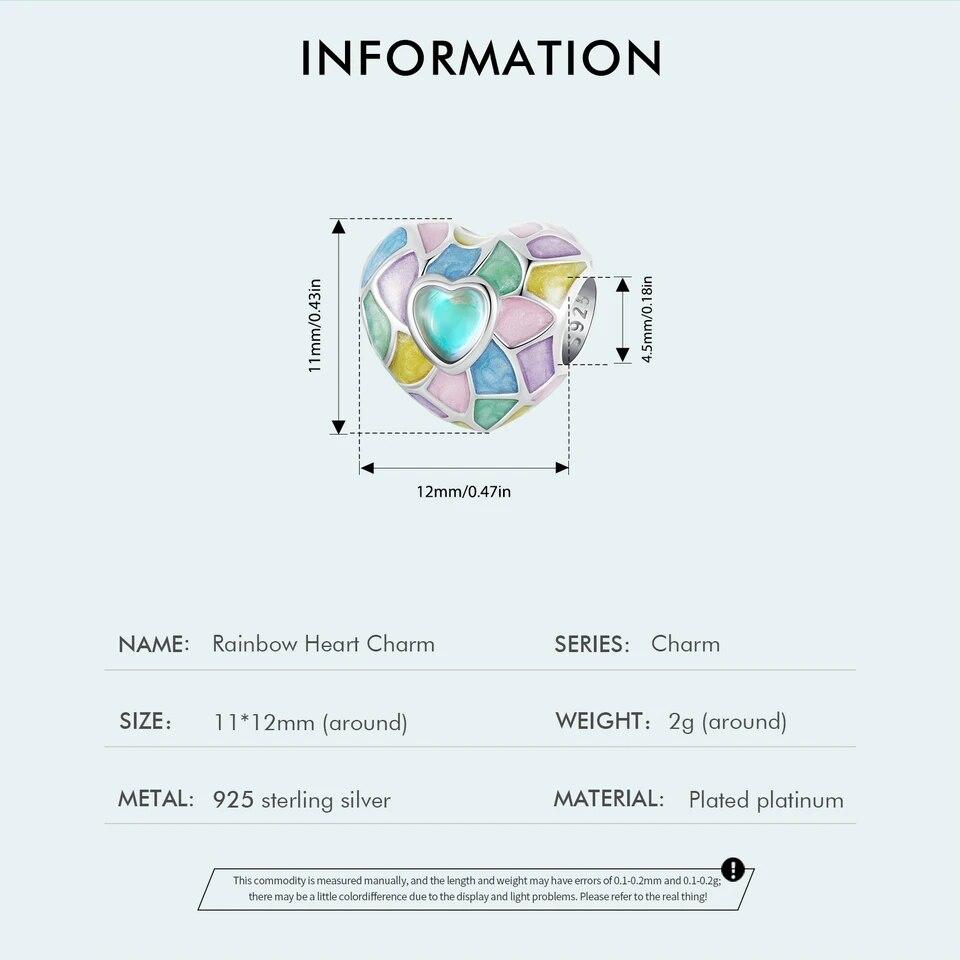 Bamoer Rainbow Heart Charm for Charm Bracelet 925 Sterling Silver Openwork Beads Colorful Bead Charm Fit Orignal Bracelet