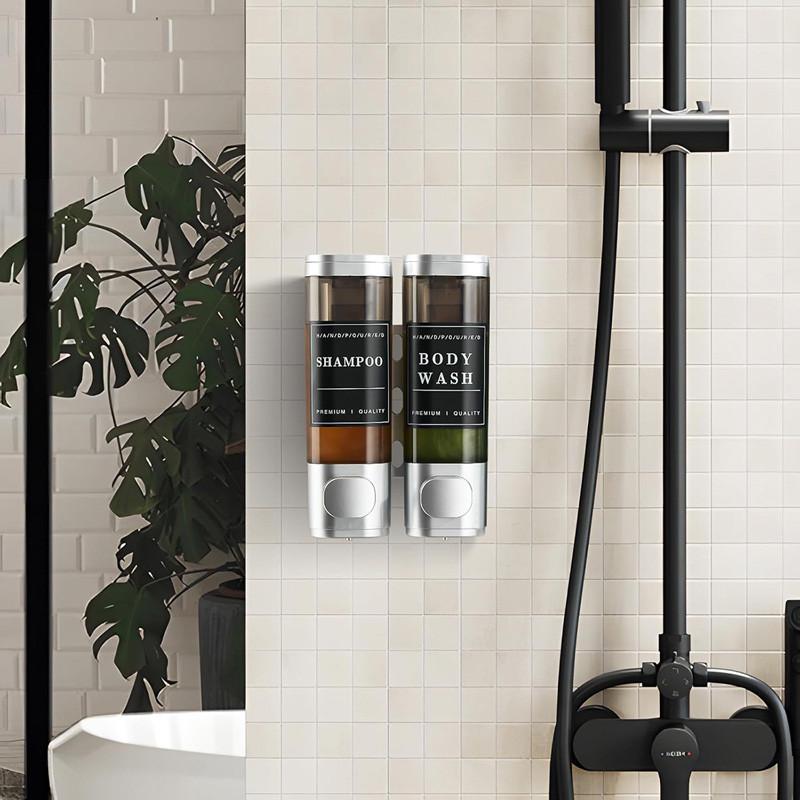 300ml 2 Chamber Shower Soap Dispenser Wall Mounted for Shower Wall Shampoo and Conditioner Dispenser Bathroom Hotel with Labels