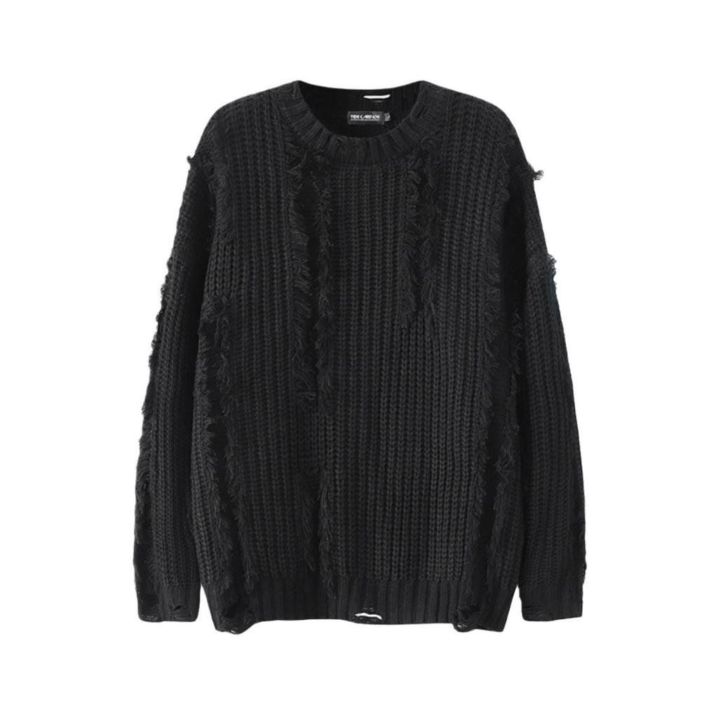 Ripped Tassel Crew Neck Sweater Men's Autumn and Winter American Trendy Brand Niche High Street Lazy Loose Casual Knitted Sweater