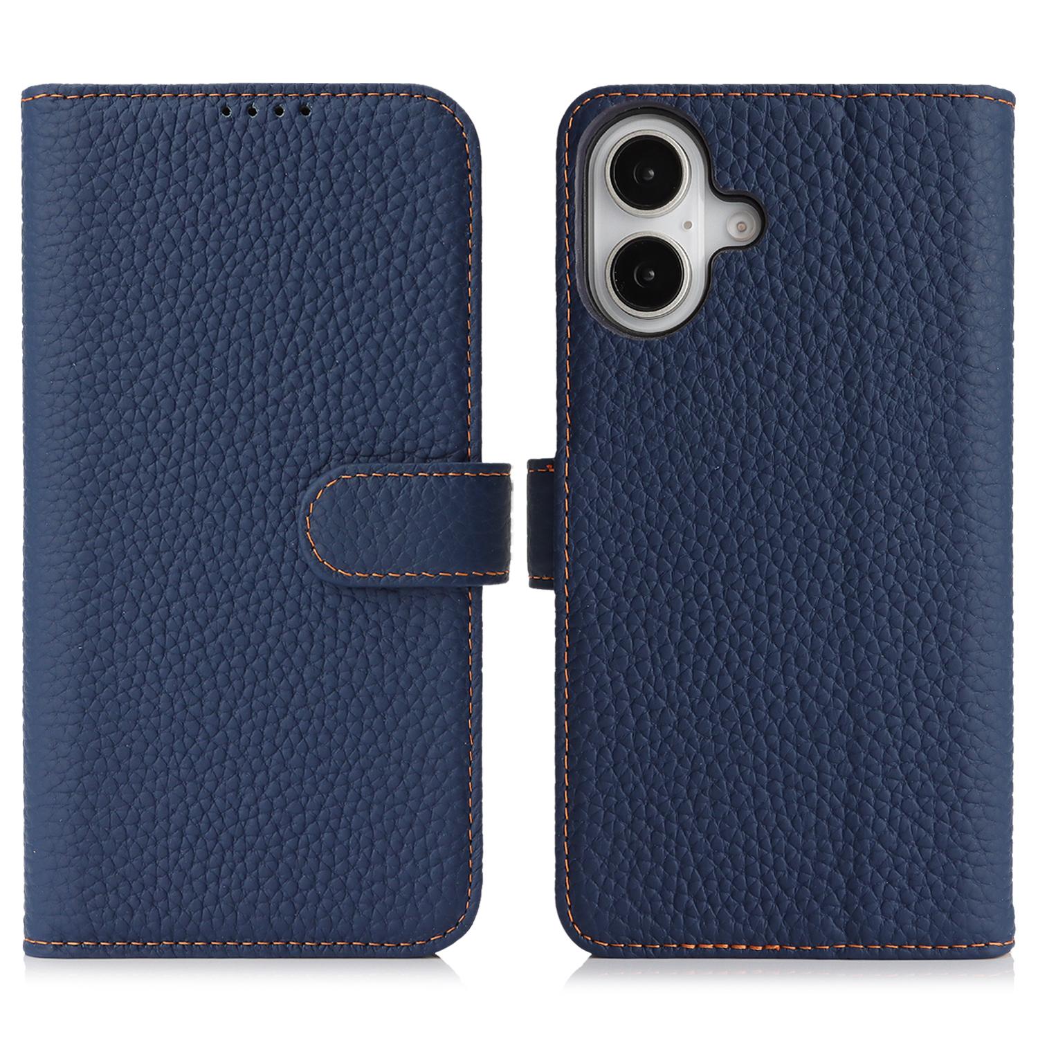 

For iPhone 16 Stand Case Litchi Texture Genuine Cow Leather Wallet Phone Cover RFID Blocking Blue