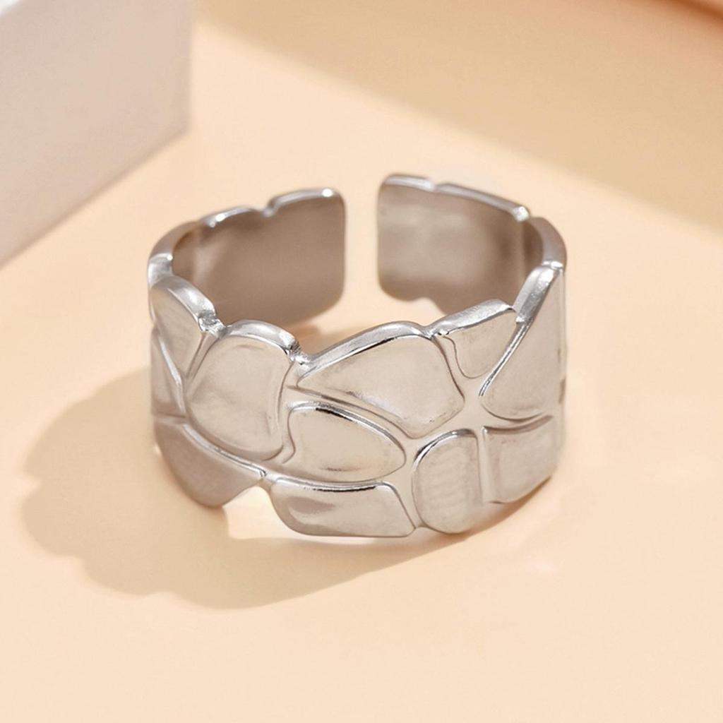 European & American Geometric Wide Band Irregular Open Stainless Steel Adjustable Ring