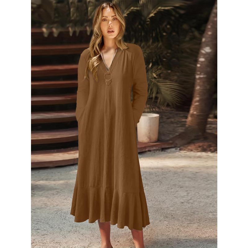 Spring and Autumn Women's Dress Plus Size Solid Colour V-Neck Tie Long Sleeve A-Line Long Dresses