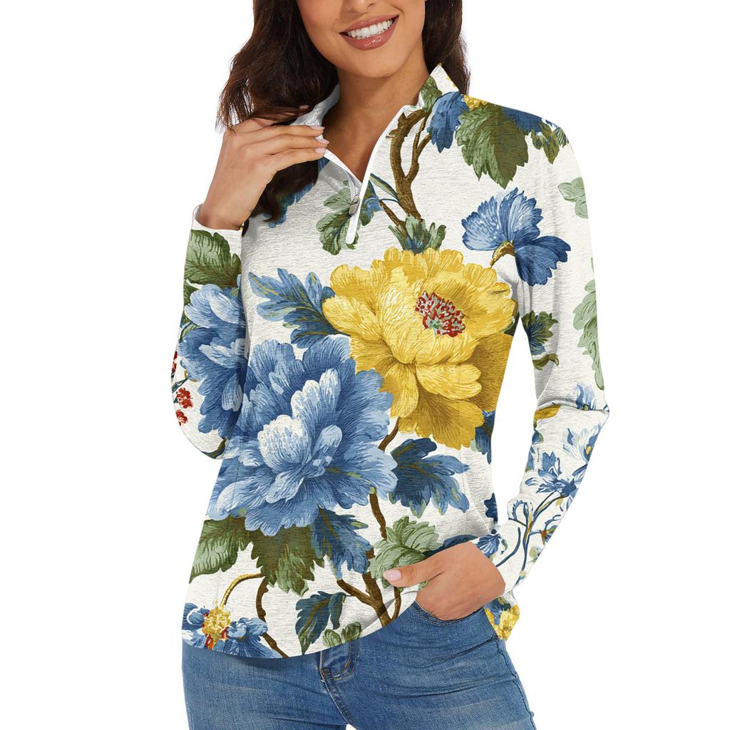 Women's Casual Fashion Retro Floral Print Long Sleeve Zipper Neck Top T-shirt