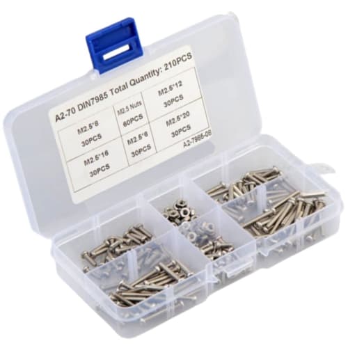 XSAJU 210-Piece Set of M2.5 Hex Bolts and Nuts, 304 Stainless Steel, Silver, with Case