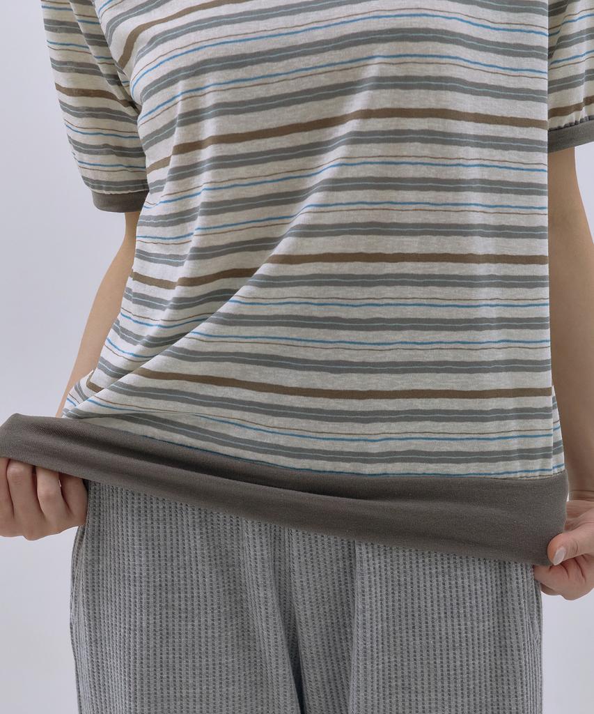 Sayu Mild Stripe V-Neck Short Sleeve Pullover Mocha