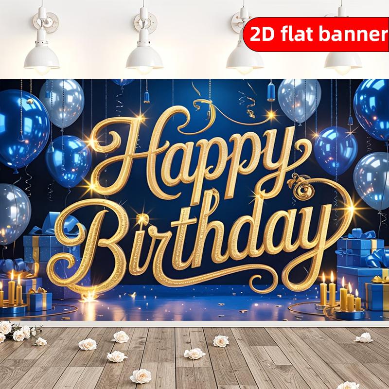 2D Background Cloth 1pc Gold Blue Gift Balloon Theme Birthday Party Background Cloth Polyester Background Decorative Banner 100x150cm