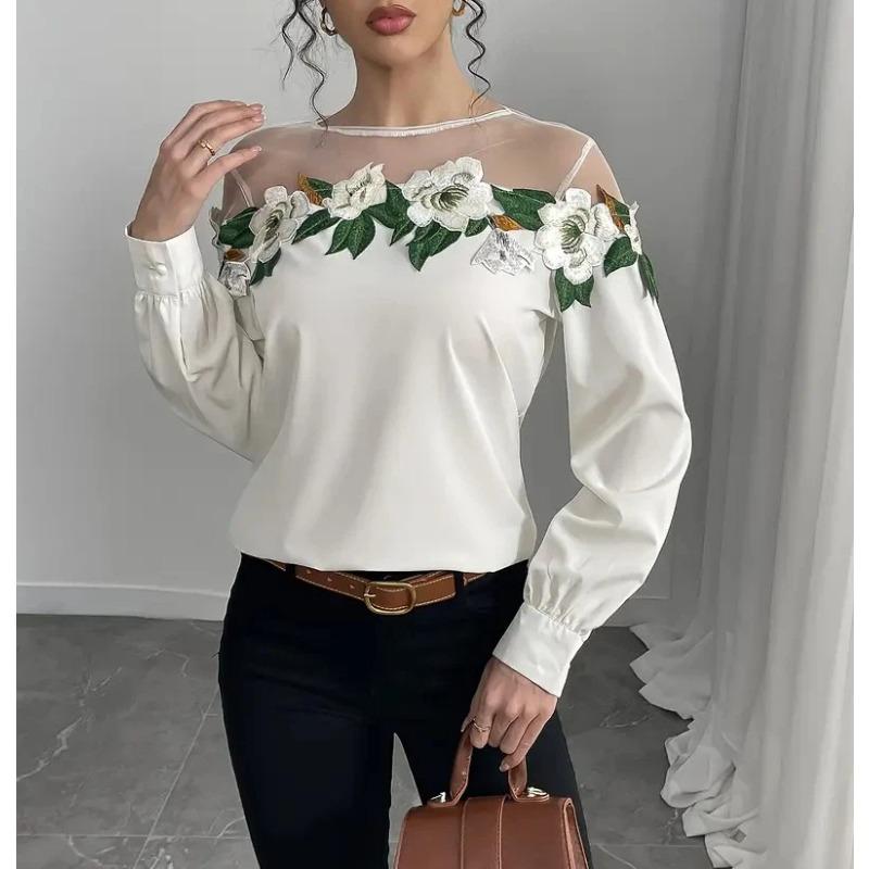 Spring New Shirt Women's Heavy Industry Mesh Splicing Satin Embroidered Top