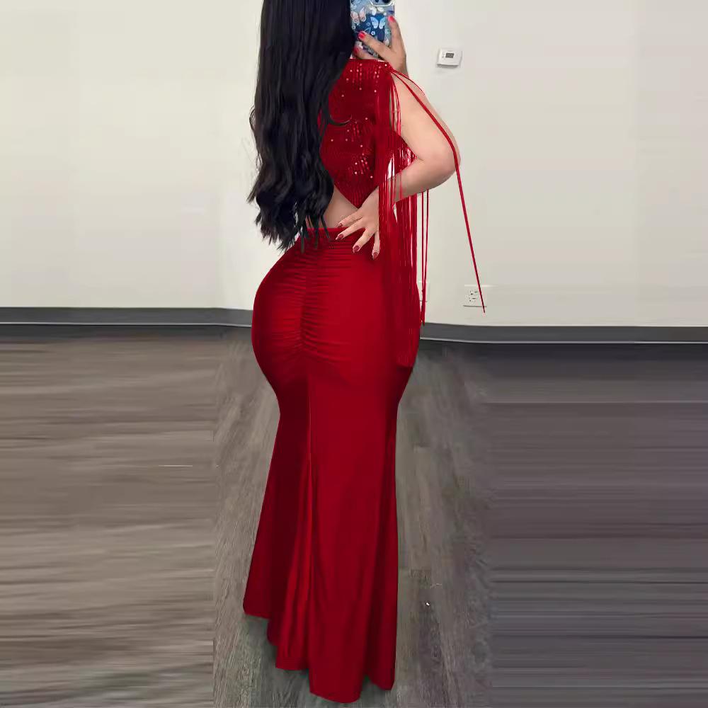 Cross-Border Fashion Sequin Bodycon Dress with Round Neck, Slit, Tassel Sleeves, and Ruched Design