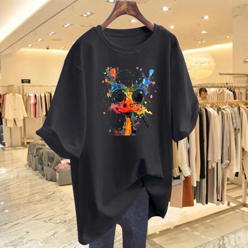 Women's Summer White Cotton Cartoon Print Short Sleeve T-Shirt