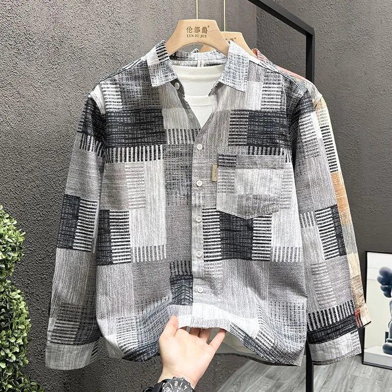 Herren Patchwork Karo Knopfleiste Hemd Lockere Passform Freizeit Kontrastbesatz Langarm Oberteil