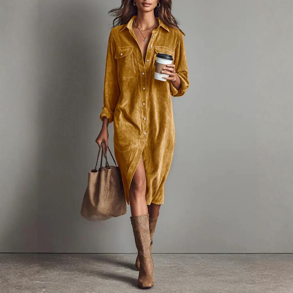 Women's Fashion Casual Color Corduroy Long-sleeved Dress With Lapel Shirt , Loose Long Skirt