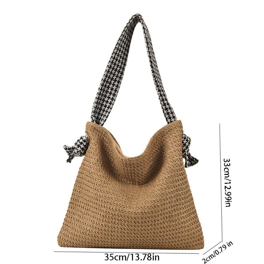 Casual Bohemian Straw Shoulder Bag Houndstooth Hollowed Out Weave Tote Bag Handbag Large Capacity Beach Bag Outdoor