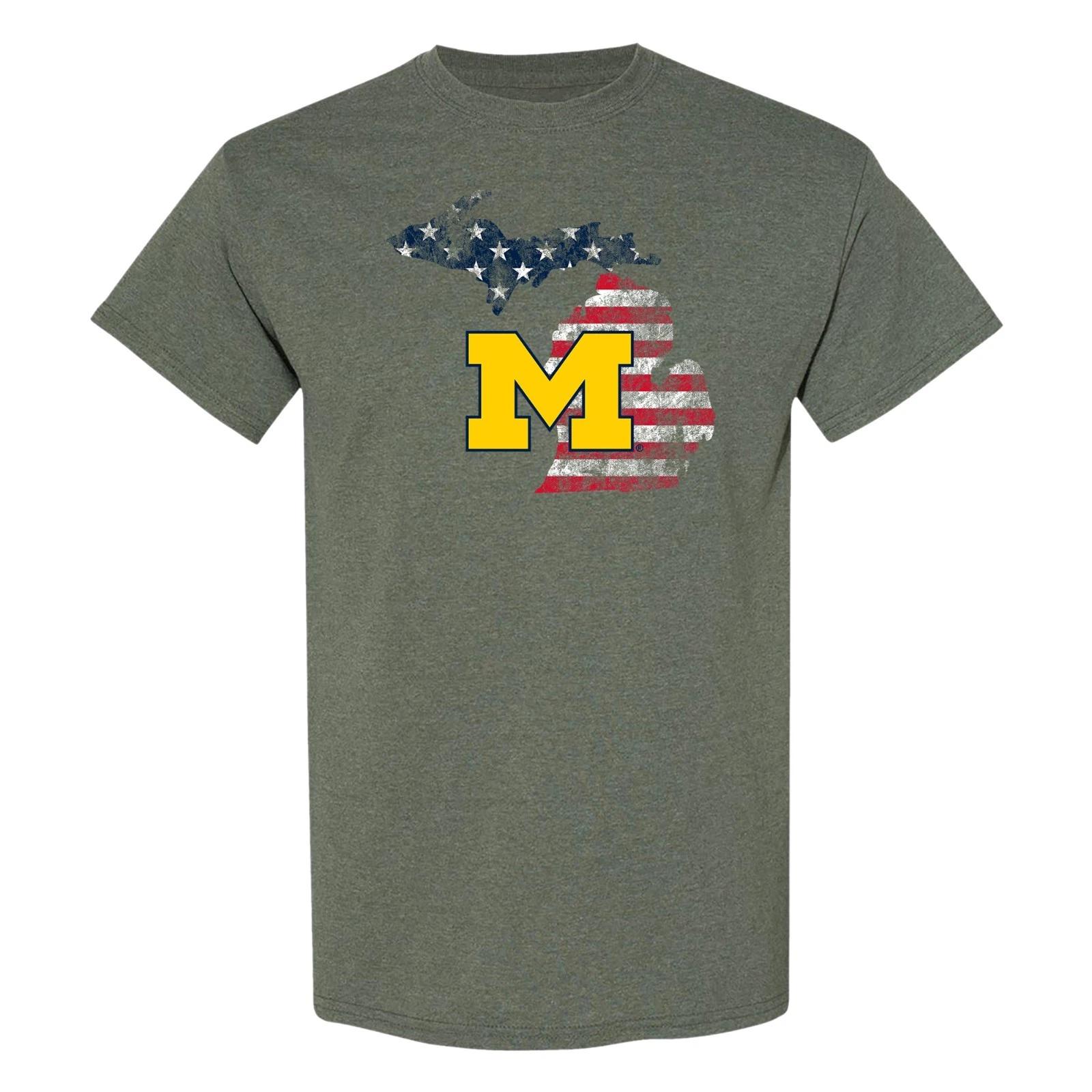 Michigan Patriotic State Silhouette T-Shirt - Heather Military Green S