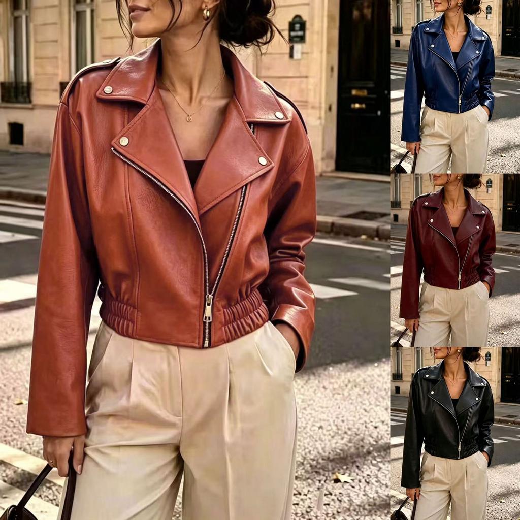 Women's Faux Leather Moto Jacket Multi Color Lapel Collar Asymmetric Zipper Crop Jacket