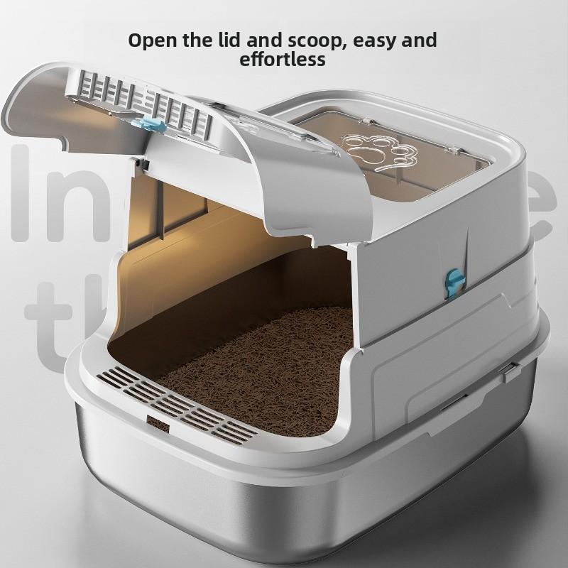 Large Enclosed Cat Litter Box Stainless Steel Anti-Scatter Cat Bedpan Fully Sealed Kitty Toilet High-Sided Pet Bathroom Solution
