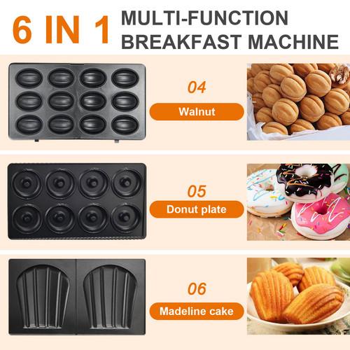 6-in-1 Waffle Maker, Electric Sandwich Press with Removable Non-Stick Plates, Panini Press for Waffles, Sandwiches, Madeleines, and Cookies