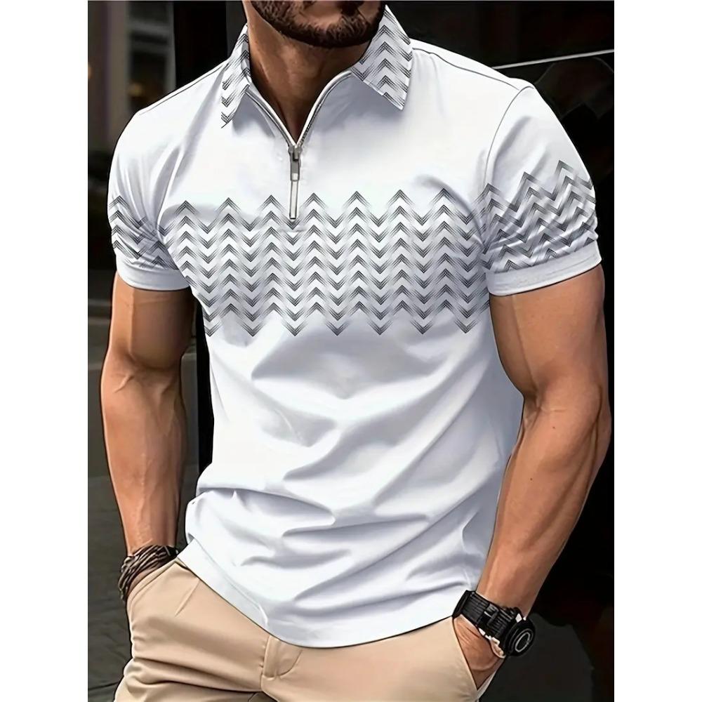 Men's Zipper Polo Shirt, Wave Triangle Shirt, 3D Printed, Retro, Short Sleeve, Loose, Comfortable, Street, Summer, New Style