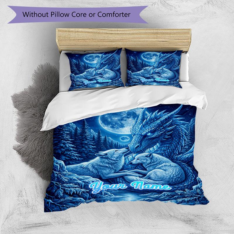 3PC Custom Name Wolf Dragon Night Bedding Set Duvet Cover Closure Includes 1 Duvet Cover & 2 Pillowcases for Bedroom
