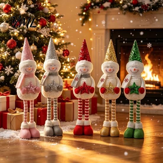 Stuffed Snowman Tabletop Decor Christmas Plush with Extendable Legs, Sequins Hat Holding Star Winter Home Doll, Standing Long Legs Xmas Decoration