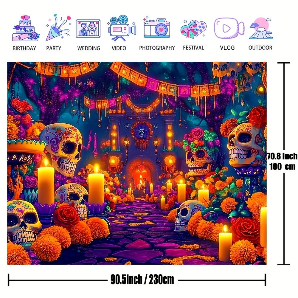 One Polyester Background Fabric for Dia De Los Muertos, Featuring Skulls and Flowers Design, for Indoor Party Decoration Banner