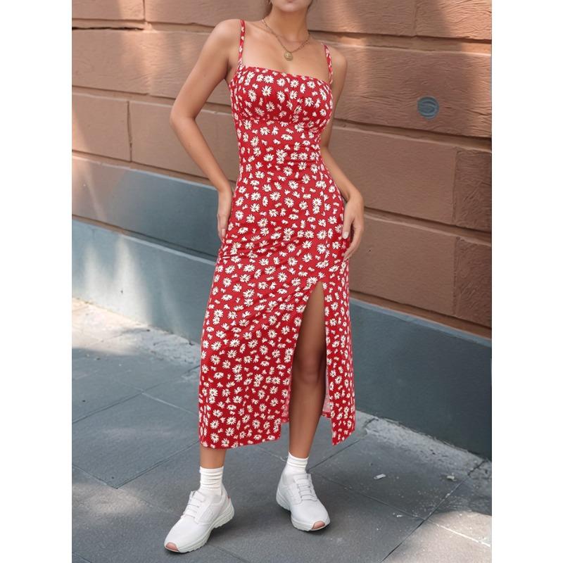YYFS Damenmode Sommer Frühling Blumenmuster Druck Ärmellose Hosenträger Hohe Taille Freizeitkleider