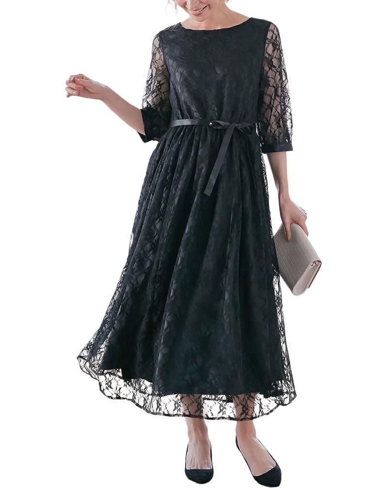 Robe de maternité et d'allaitement longue avec ruban en satin, tenue de soirée, noire x noire, 29290403 [ANGELIEBE], vêtements, dentelle, robe, ceinture, prénatal, postnatal, L-LL